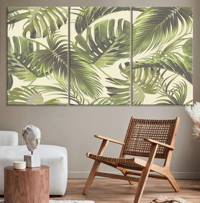 Cozy room featuring "Palm Leaves" wall art on museum-quality canvas.