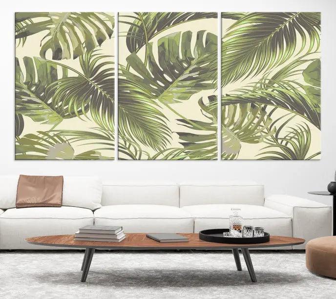 Cozy room featuring "Palm Leaves" wall art on museum-quality canvas.