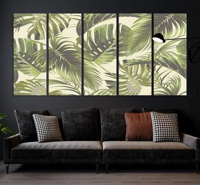 Cozy room featuring "Palm Leaves" wall art on museum-quality canvas.