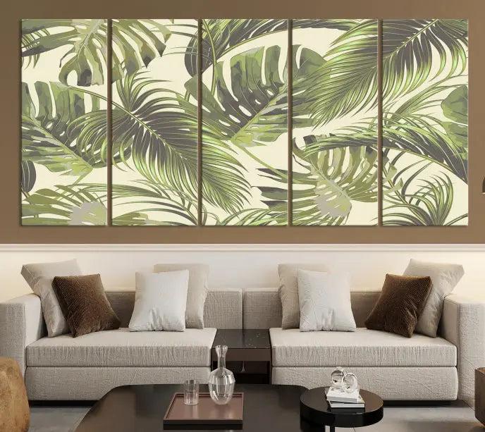 Cozy room featuring "Palm Leaves" wall art on museum-quality canvas.