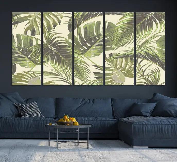 Cozy room featuring "Palm Leaves" wall art on museum-quality canvas.