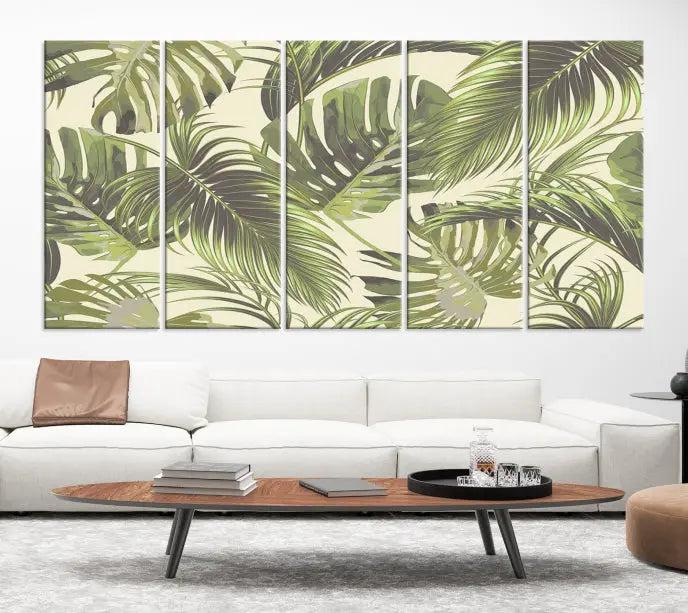 Cozy room featuring "Palm Leaves" wall art on museum-quality canvas.