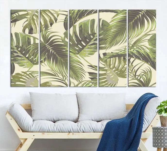 Cozy room featuring "Palm Leaves" wall art on museum-quality canvas.