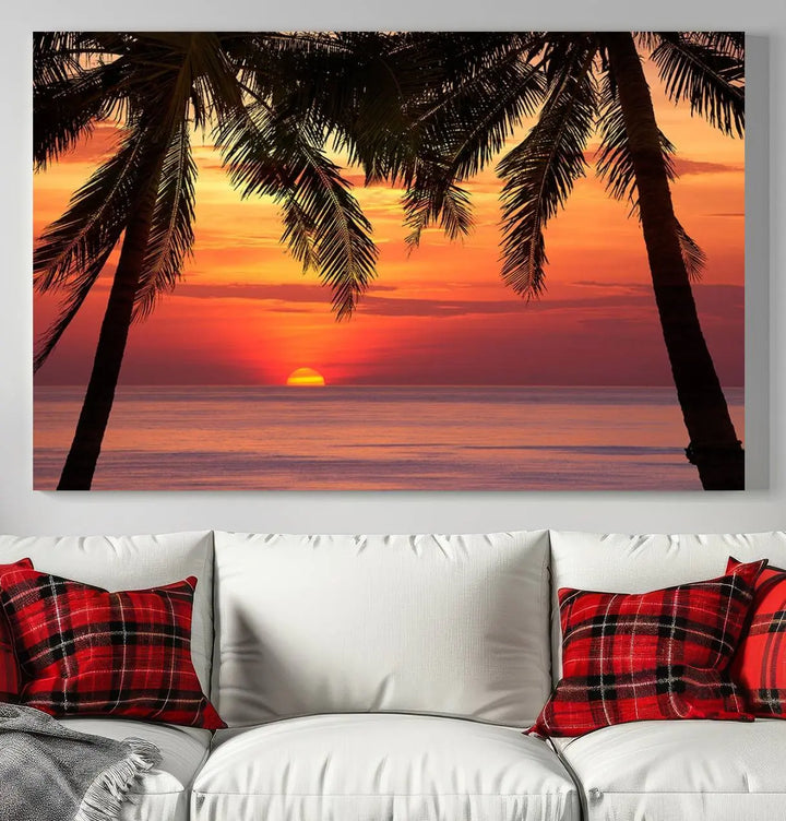 The living room features the "Palm Sunset Sea Ocean Beach Wall Art Canvas Print, Framed Ready to Hang" above the sofa.