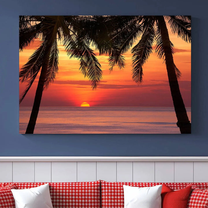 The living room features the "Palm Sunset Sea Ocean Beach Wall Art Canvas Print, Framed Ready to Hang" above the sofa.