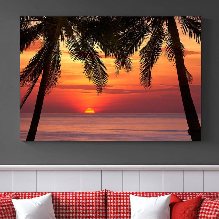 The living room features the "Palm Sunset Sea Ocean Beach Wall Art Canvas Print, Framed Ready to Hang" above the sofa.