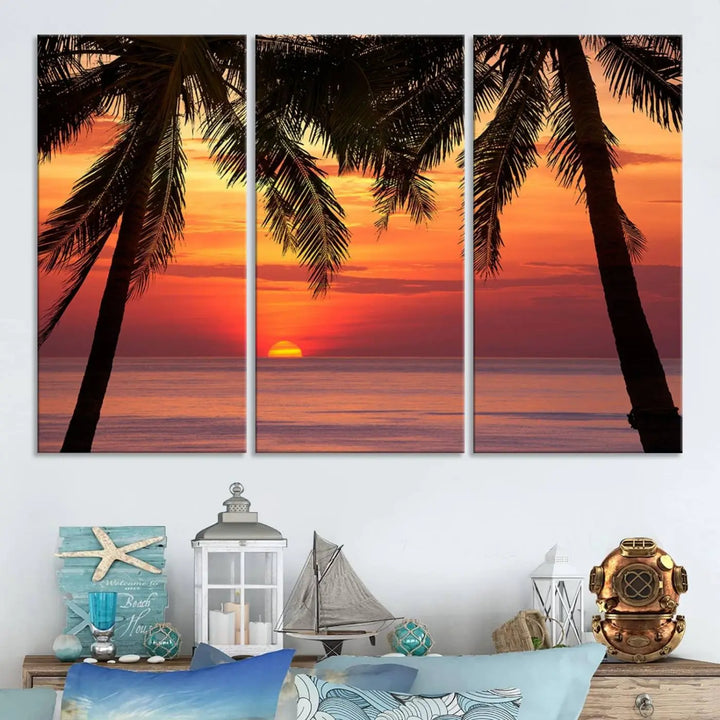 The living room features the "Palm Sunset Sea Ocean Beach Wall Art Canvas Print, Framed Ready to Hang" above the sofa.