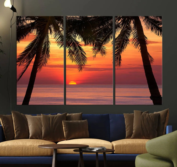 The living room features the "Palm Sunset Sea Ocean Beach Wall Art Canvas Print, Framed Ready to Hang" above the sofa.