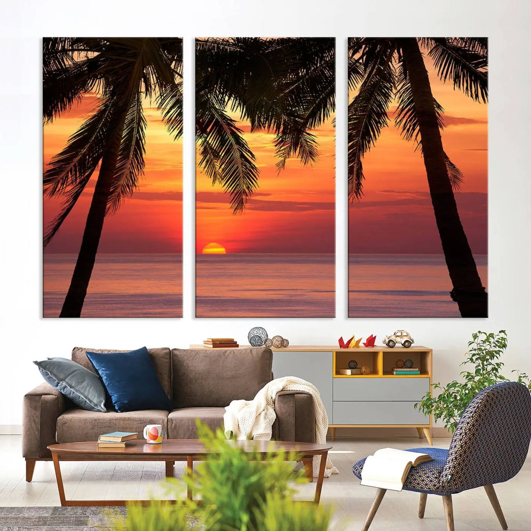 The living room features the "Palm Sunset Sea Ocean Beach Wall Art Canvas Print, Framed Ready to Hang" above the sofa.