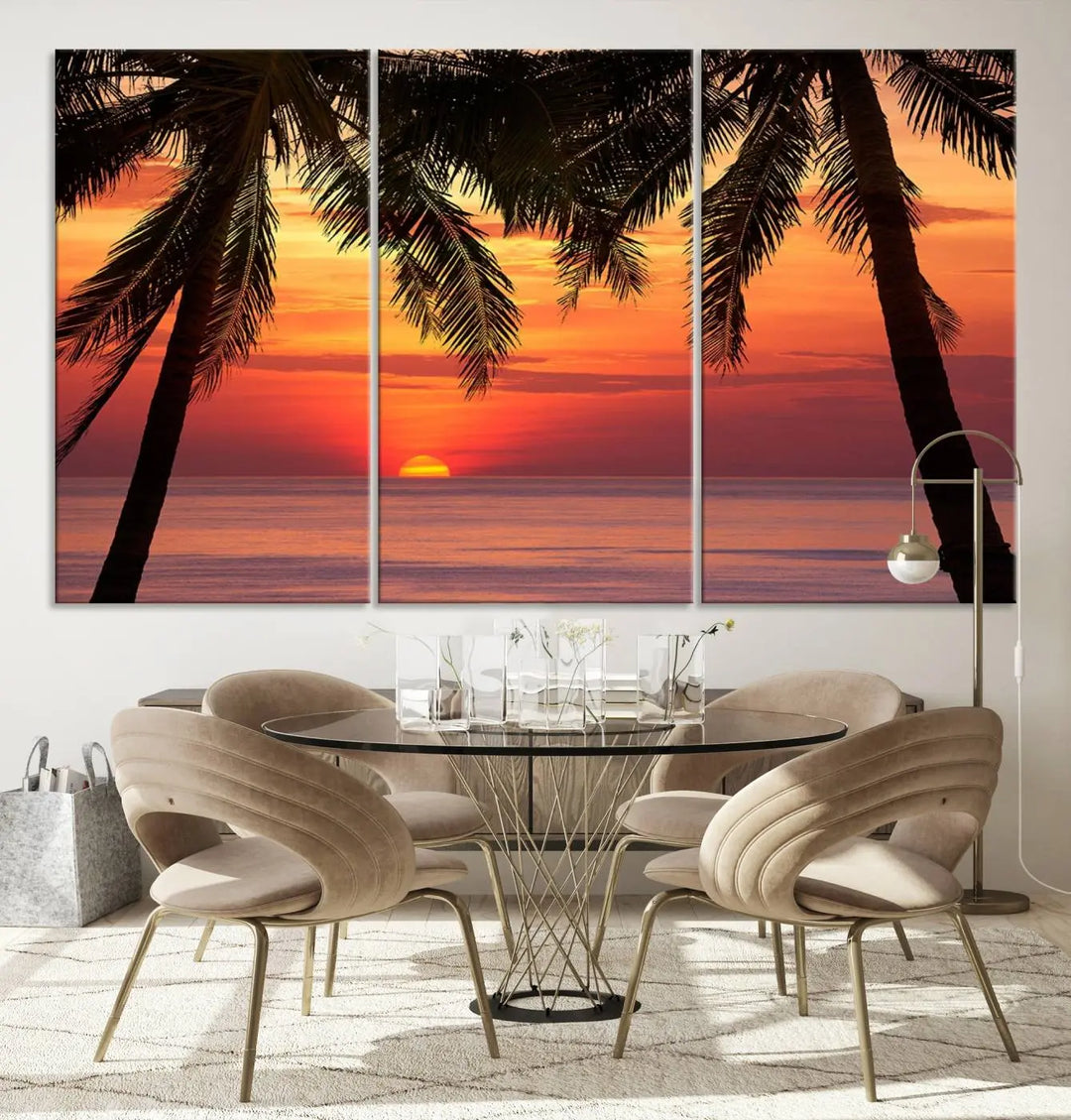 The living room features the "Palm Sunset Sea Ocean Beach Wall Art Canvas Print, Framed Ready to Hang" above the sofa.