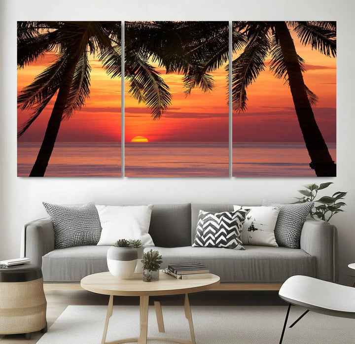 The living room features the "Palm Sunset Sea Ocean Beach Wall Art Canvas Print, Framed Ready to Hang" above the sofa.