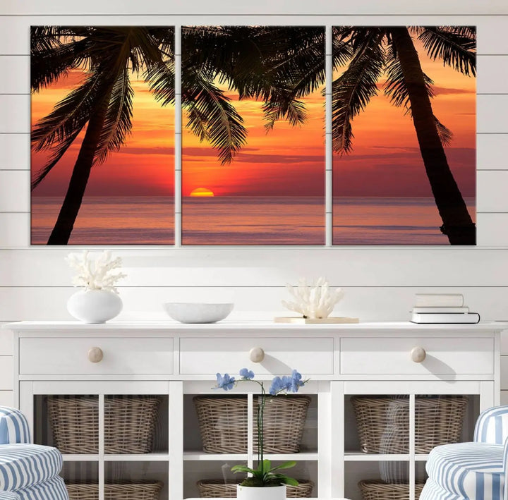 The living room features the "Palm Sunset Sea Ocean Beach Wall Art Canvas Print, Framed Ready to Hang" above the sofa.