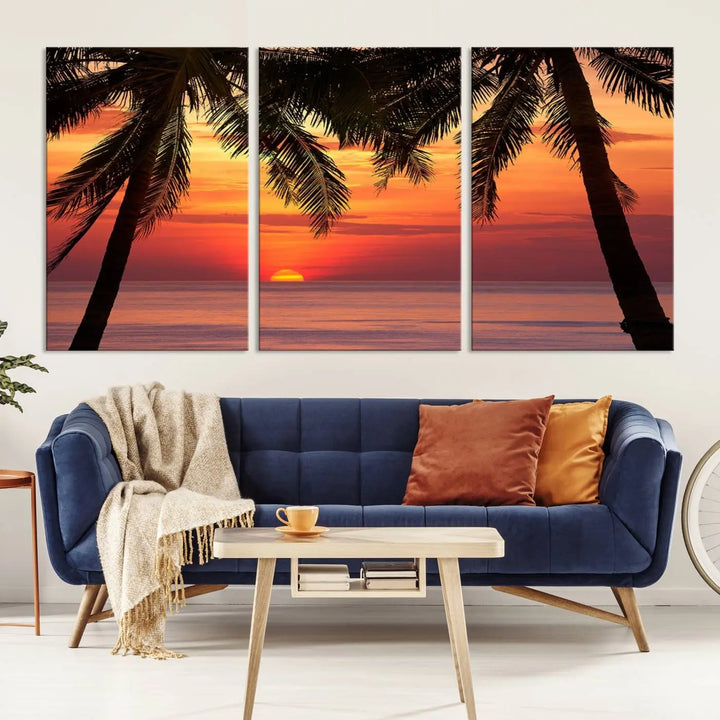 The living room features the "Palm Sunset Sea Ocean Beach Wall Art Canvas Print, Framed Ready to Hang" above the sofa.