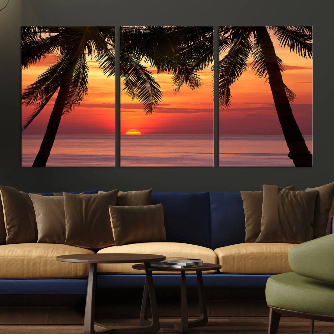 The living room features the "Palm Sunset Sea Ocean Beach Wall Art Canvas Print, Framed Ready to Hang" above the sofa.