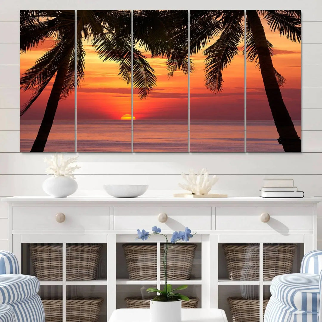 The living room features the "Palm Sunset Sea Ocean Beach Wall Art Canvas Print, Framed Ready to Hang" above the sofa.