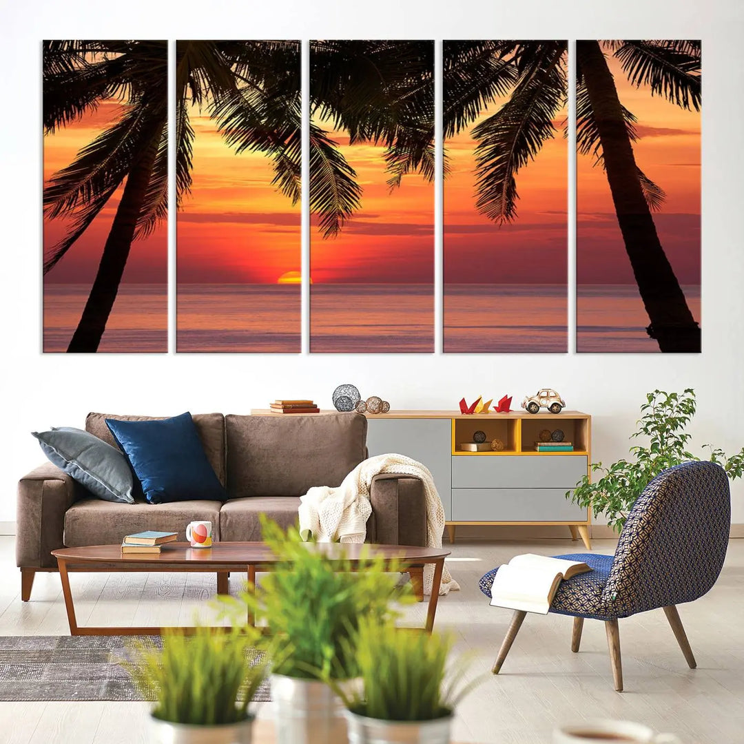 The living room features the "Palm Sunset Sea Ocean Beach Wall Art Canvas Print, Framed Ready to Hang" above the sofa.