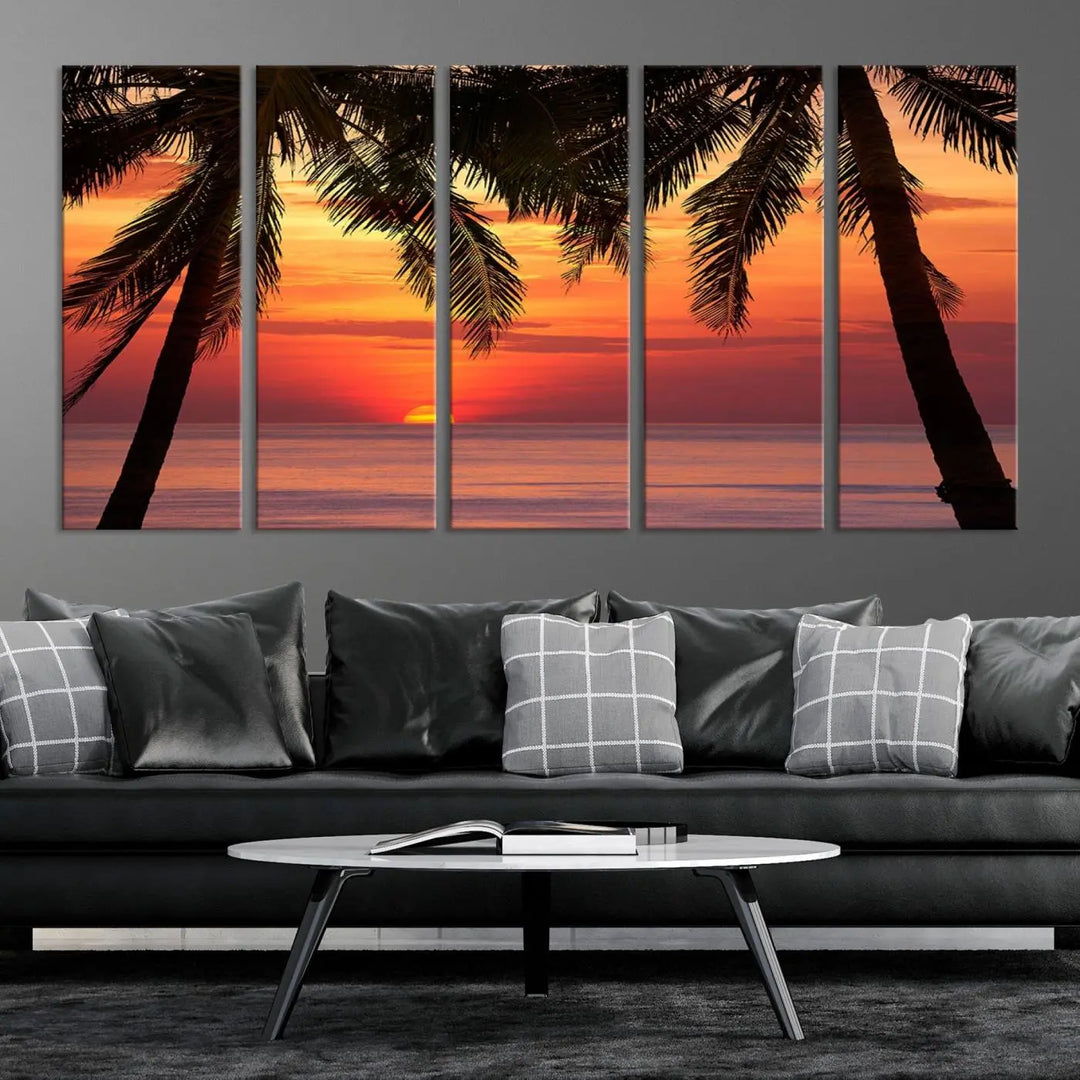 The living room features the "Palm Sunset Sea Ocean Beach Wall Art Canvas Print, Framed Ready to Hang" above the sofa.