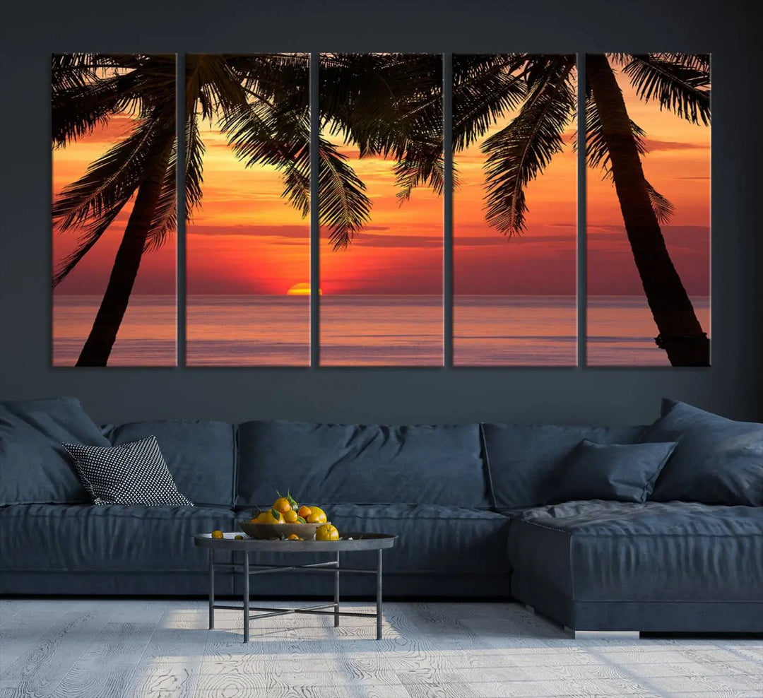 The living room features the "Palm Sunset Sea Ocean Beach Wall Art Canvas Print, Framed Ready to Hang" above the sofa.