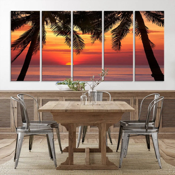 The living room features the "Palm Sunset Sea Ocean Beach Wall Art Canvas Print, Framed Ready to Hang" above the sofa.