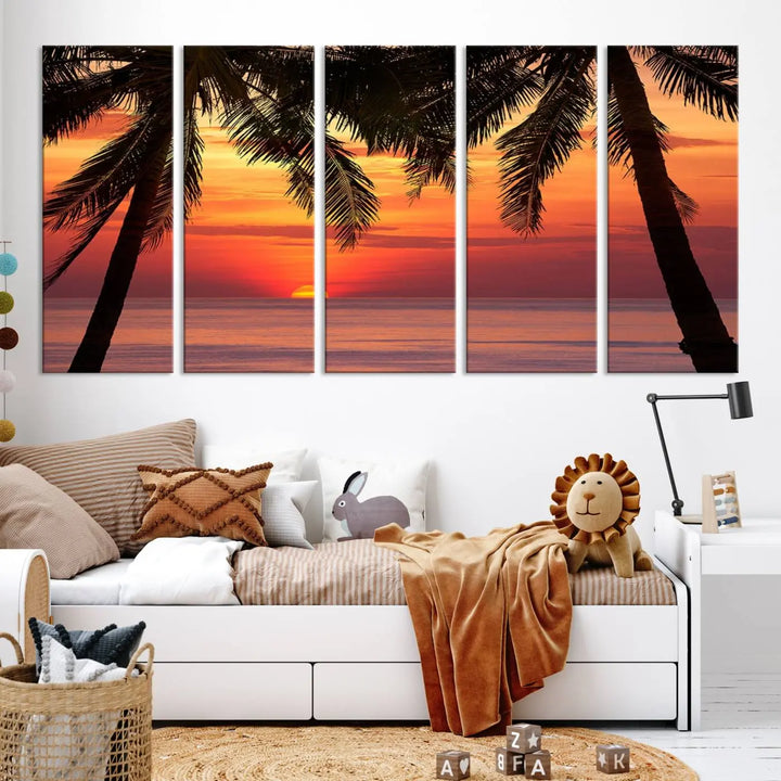 The living room features the "Palm Sunset Sea Ocean Beach Wall Art Canvas Print, Framed Ready to Hang" above the sofa.