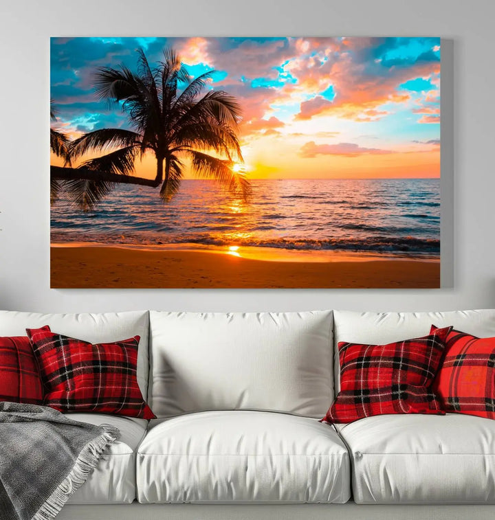 The "Palm Tree Sunset On The Beach Wall Art Canvas Print" elegantly decorates the wall, crafted on museum-quality canvases.