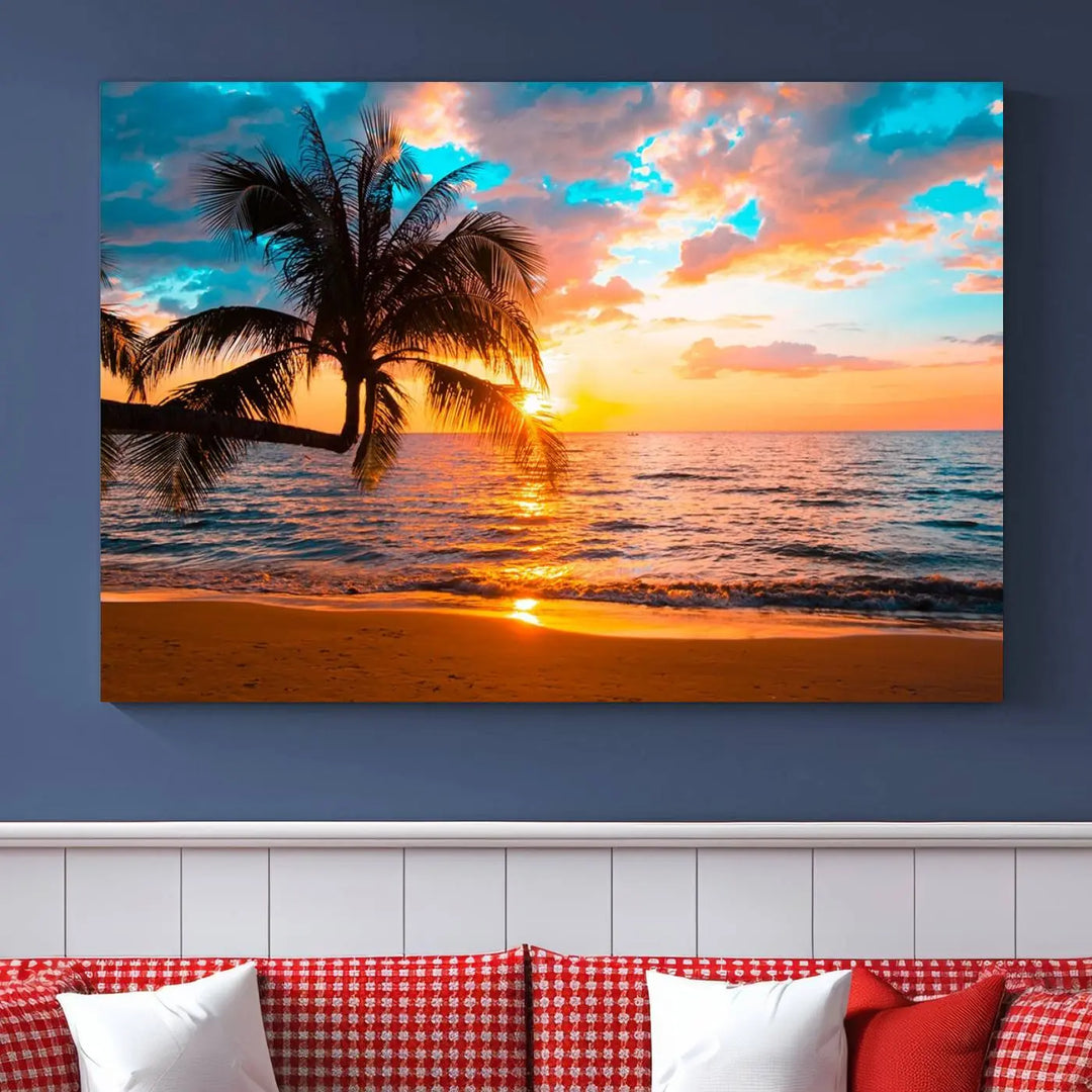 The "Palm Tree Sunset On The Beach Wall Art Canvas Print" elegantly decorates the wall, crafted on museum-quality canvases.