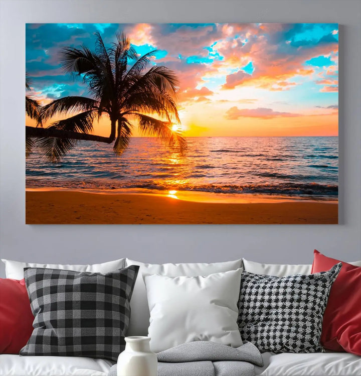 The "Palm Tree Sunset On The Beach Wall Art Canvas Print" elegantly decorates the wall, crafted on museum-quality canvases.