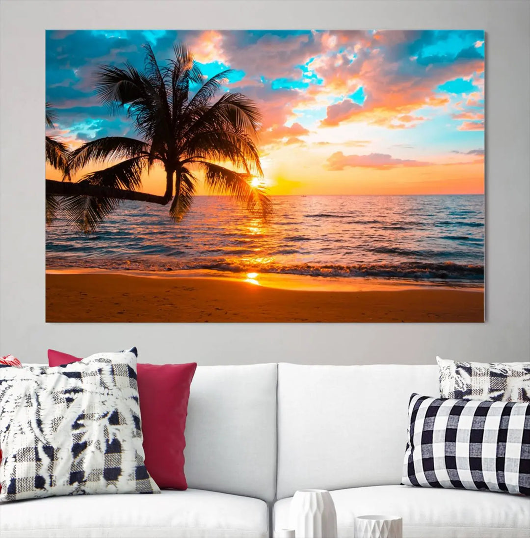 The "Palm Tree Sunset On The Beach Wall Art Canvas Print" elegantly decorates the wall, crafted on museum-quality canvases.