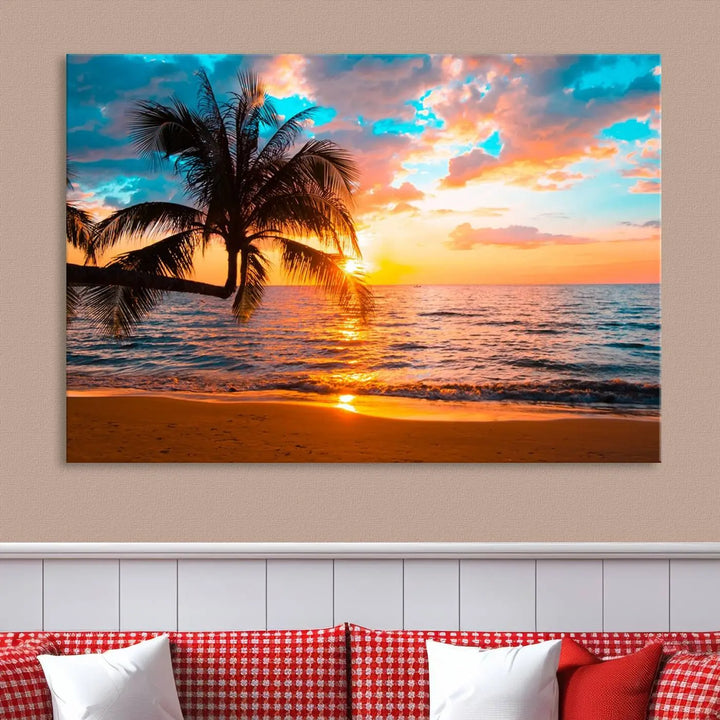 The "Palm Tree Sunset On The Beach Wall Art Canvas Print" elegantly decorates the wall, crafted on museum-quality canvases.