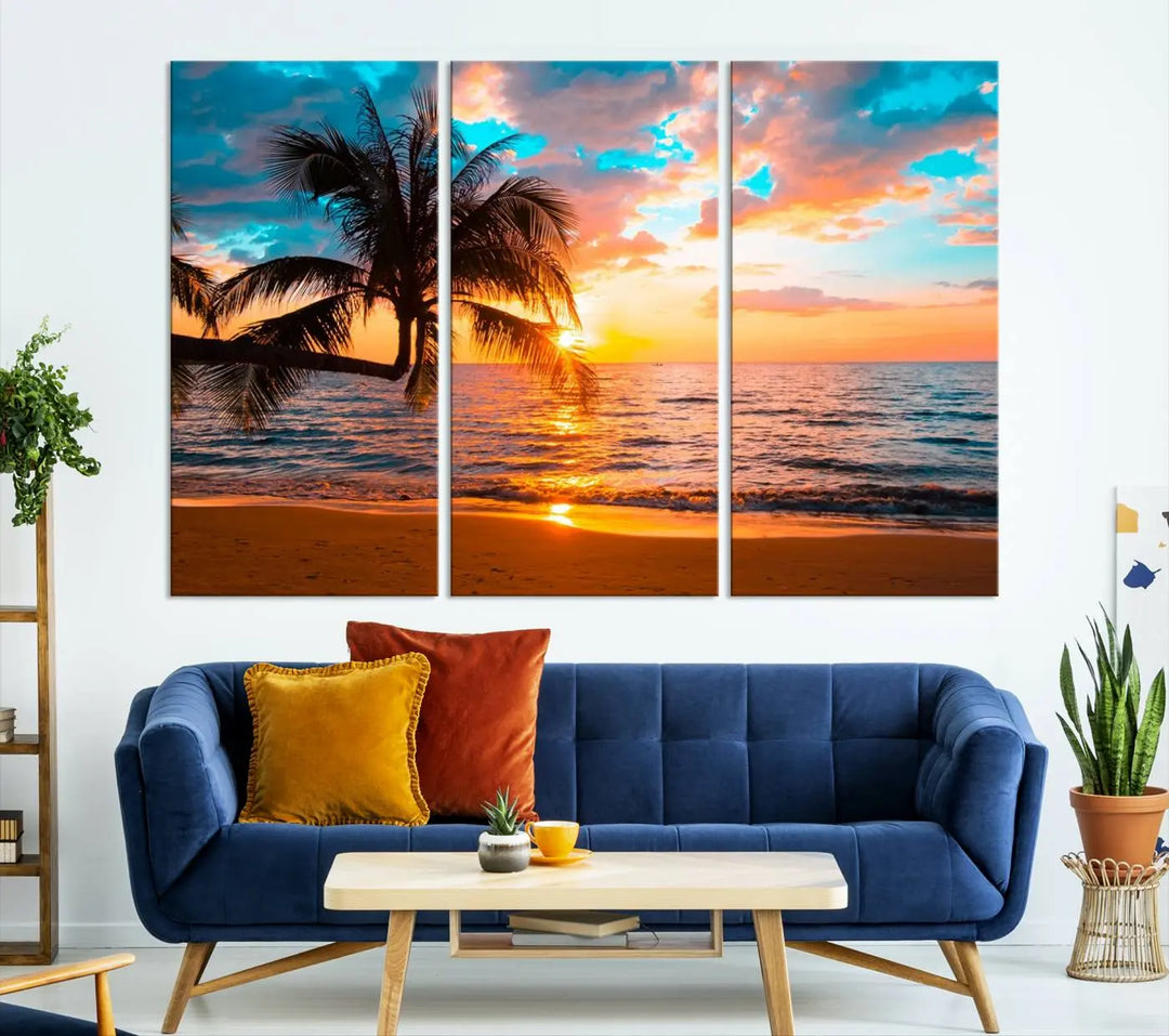 The "Palm Tree Sunset On The Beach Wall Art Canvas Print" elegantly decorates the wall, crafted on museum-quality canvases.