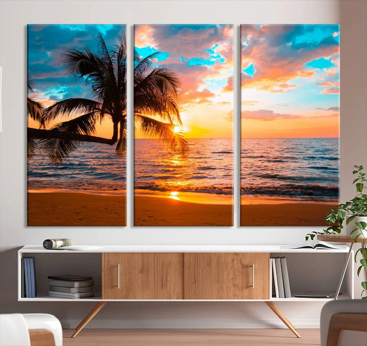 The "Palm Tree Sunset On The Beach Wall Art Canvas Print" elegantly decorates the wall, crafted on museum-quality canvases.