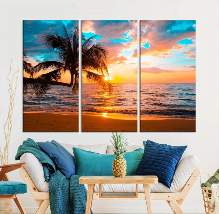 The "Palm Tree Sunset On The Beach Wall Art Canvas Print" elegantly decorates the wall, crafted on museum-quality canvases.