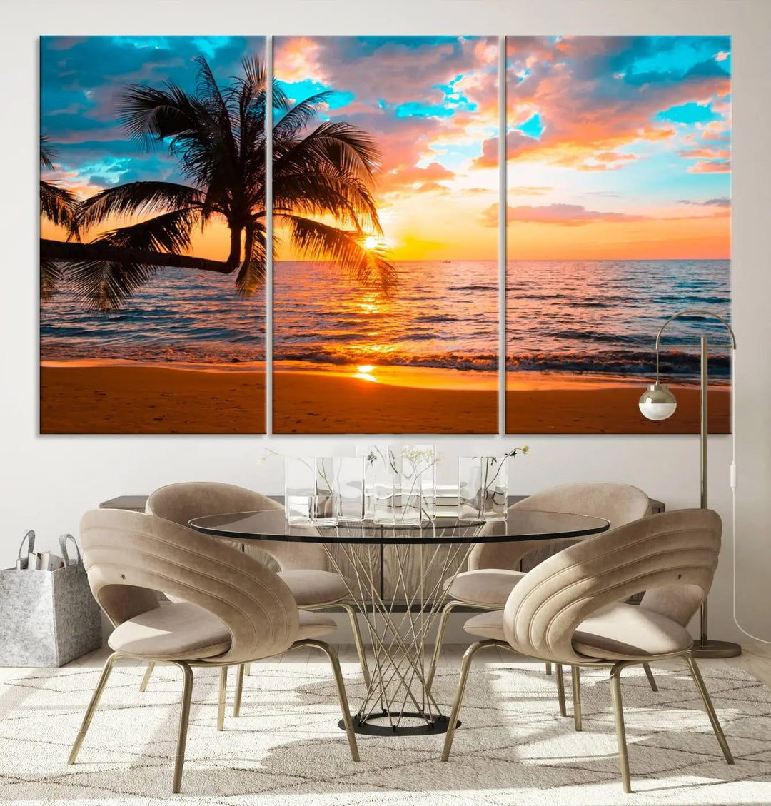 The "Palm Tree Sunset On The Beach Wall Art Canvas Print" elegantly decorates the wall, crafted on museum-quality canvases.