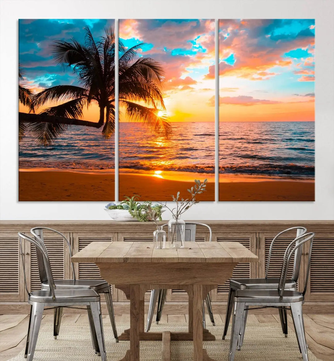 The "Palm Tree Sunset On The Beach Wall Art Canvas Print" elegantly decorates the wall, crafted on museum-quality canvases.