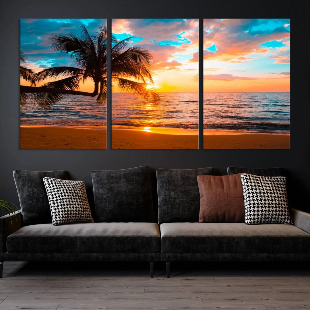 The "Palm Tree Sunset On The Beach Wall Art Canvas Print" elegantly decorates the wall, crafted on museum-quality canvases.