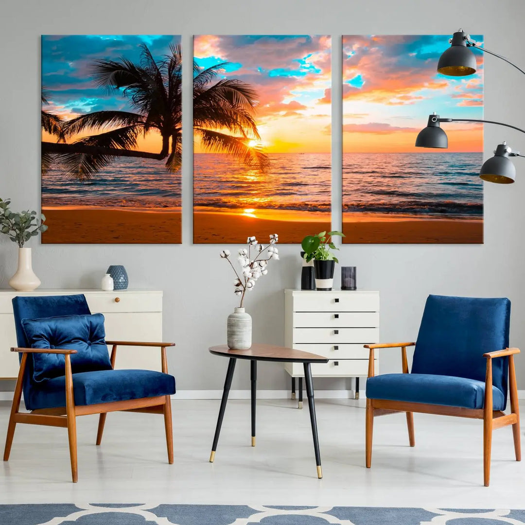 The "Palm Tree Sunset On The Beach Wall Art Canvas Print" elegantly decorates the wall, crafted on museum-quality canvases.