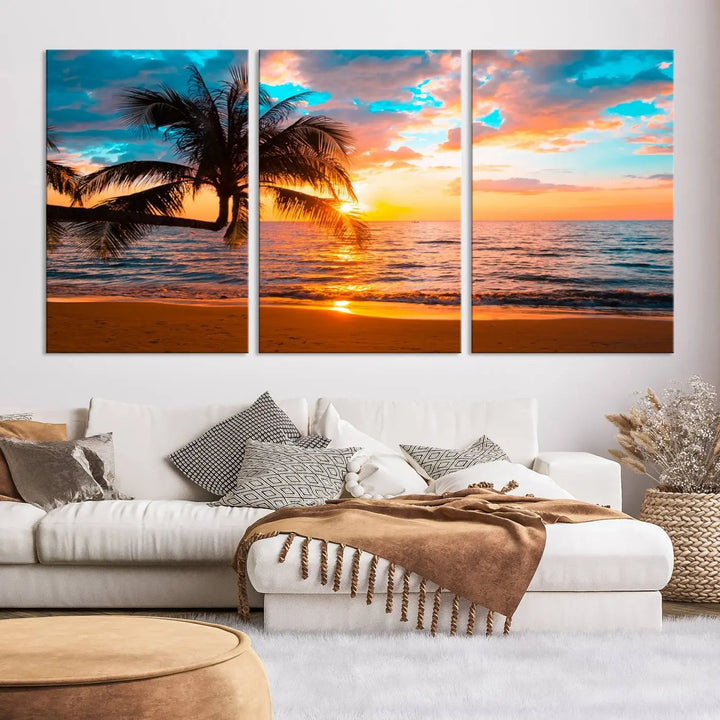 The "Palm Tree Sunset On The Beach Wall Art Canvas Print" elegantly decorates the wall, crafted on museum-quality canvases.