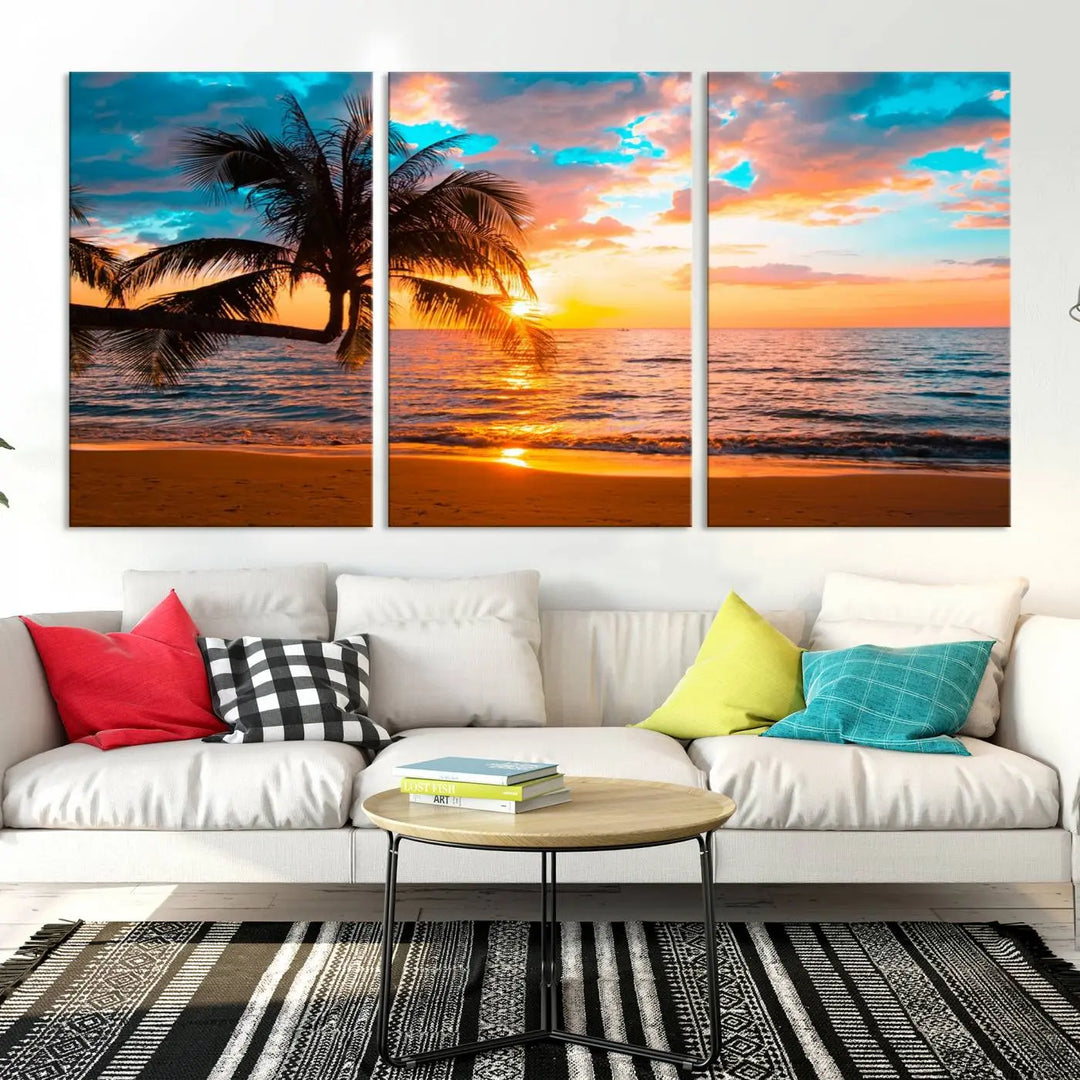 The "Palm Tree Sunset On The Beach Wall Art Canvas Print" elegantly decorates the wall, crafted on museum-quality canvases.