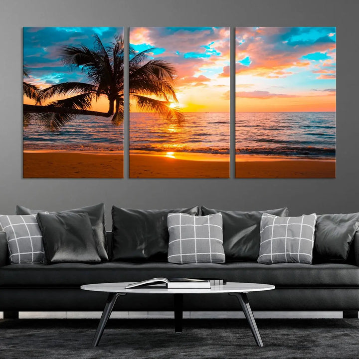 The "Palm Tree Sunset On The Beach Wall Art Canvas Print" elegantly decorates the wall, crafted on museum-quality canvases.