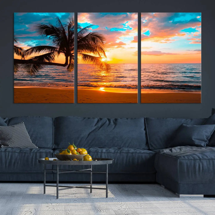 The "Palm Tree Sunset On The Beach Wall Art Canvas Print" elegantly decorates the wall, crafted on museum-quality canvases.