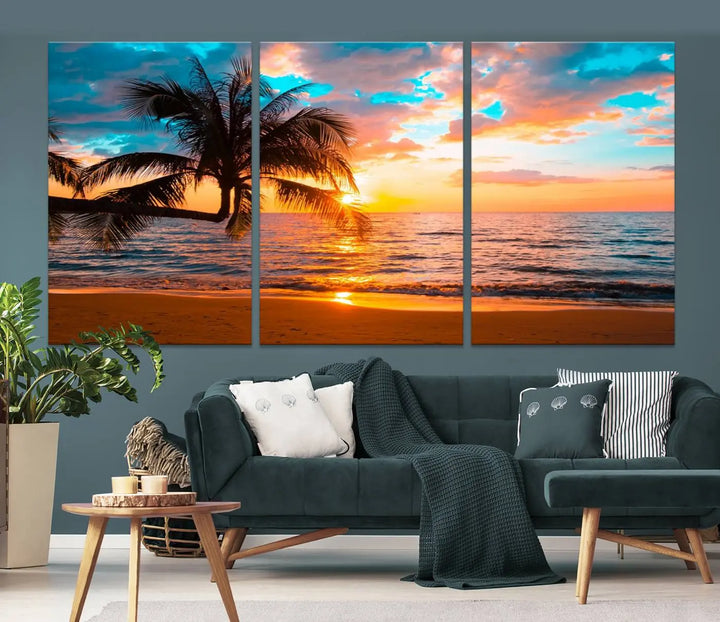 The "Palm Tree Sunset On The Beach Wall Art Canvas Print" elegantly decorates the wall, crafted on museum-quality canvases.