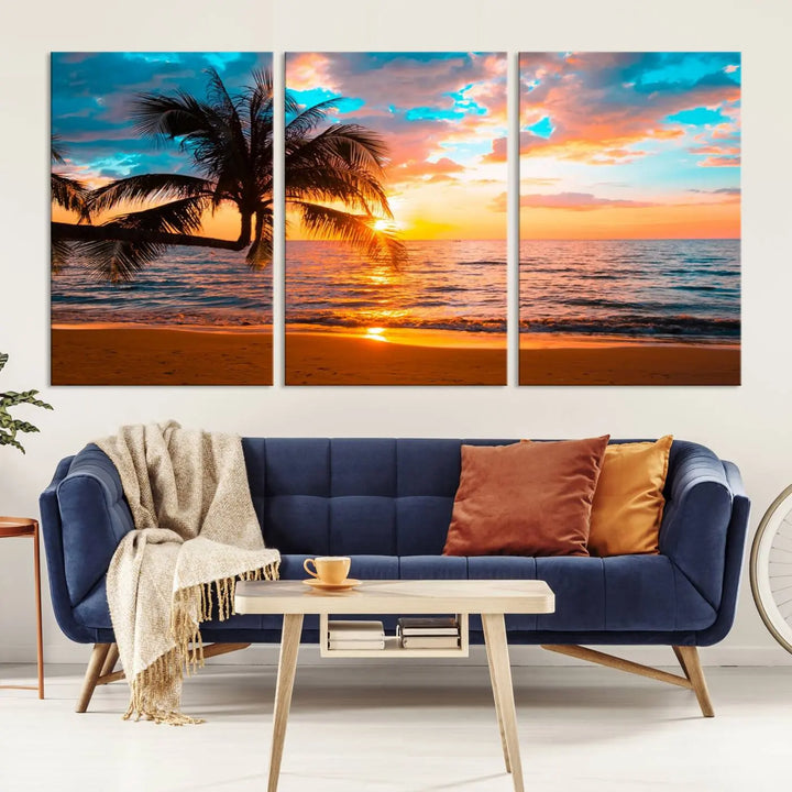 The "Palm Tree Sunset On The Beach Wall Art Canvas Print" elegantly decorates the wall, crafted on museum-quality canvases.