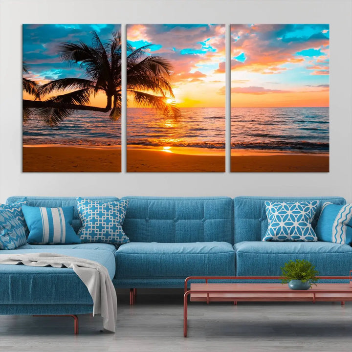 The "Palm Tree Sunset On The Beach Wall Art Canvas Print" elegantly decorates the wall, crafted on museum-quality canvases.