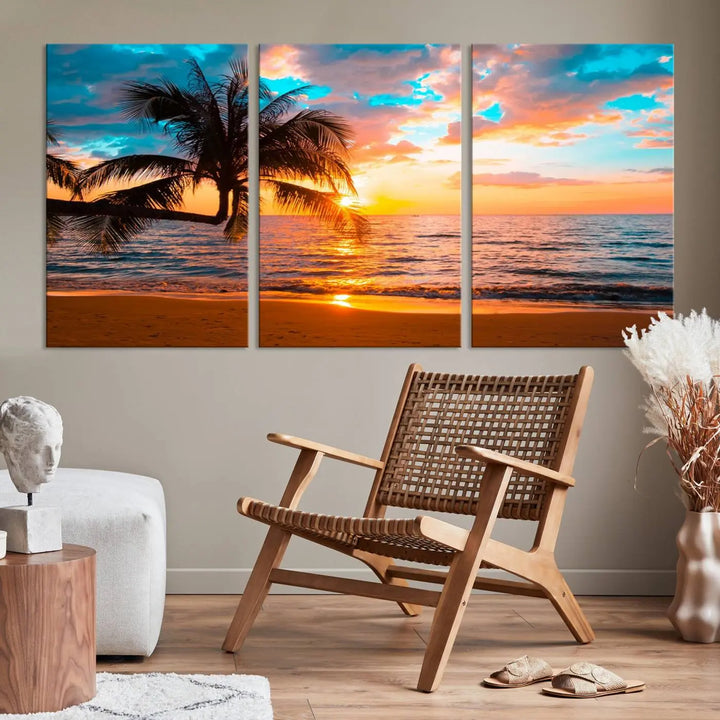 The "Palm Tree Sunset On The Beach Wall Art Canvas Print" elegantly decorates the wall, crafted on museum-quality canvases.