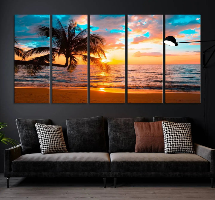 The "Palm Tree Sunset On The Beach Wall Art Canvas Print" elegantly decorates the wall, crafted on museum-quality canvases.