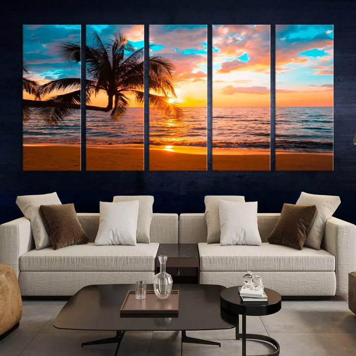 The "Palm Tree Sunset On The Beach Wall Art Canvas Print" elegantly decorates the wall, crafted on museum-quality canvases.