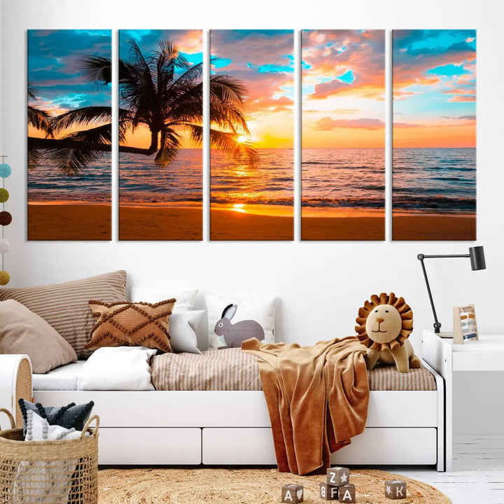 The "Palm Tree Sunset On The Beach Wall Art Canvas Print" elegantly decorates the wall, crafted on museum-quality canvases.