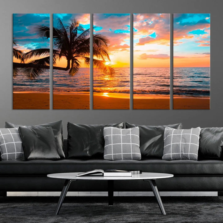 The "Palm Tree Sunset On The Beach Wall Art Canvas Print" elegantly decorates the wall, crafted on museum-quality canvases.