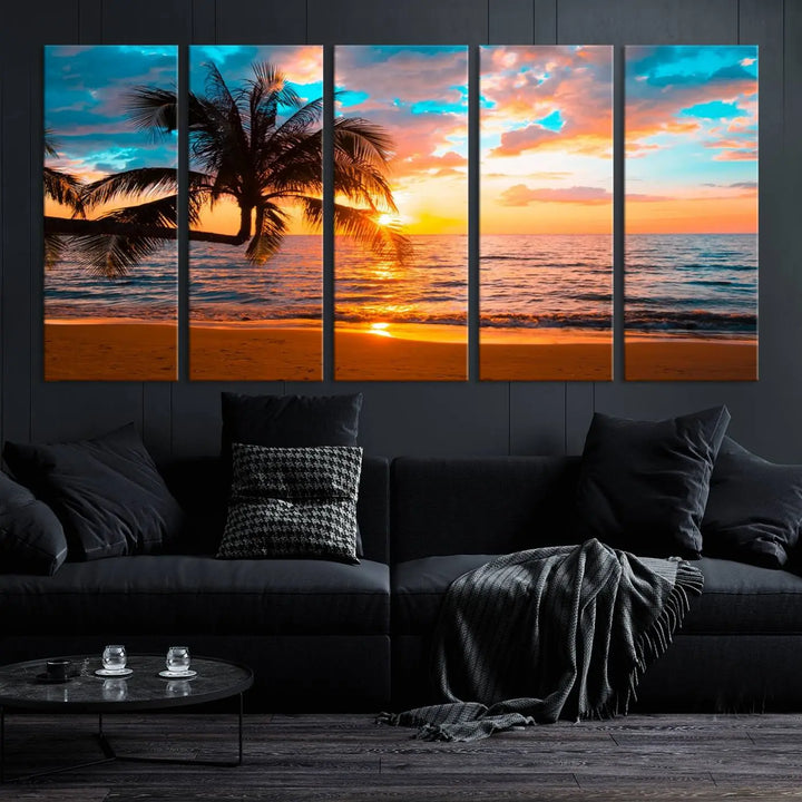 The "Palm Tree Sunset On The Beach Wall Art Canvas Print" elegantly decorates the wall, crafted on museum-quality canvases.