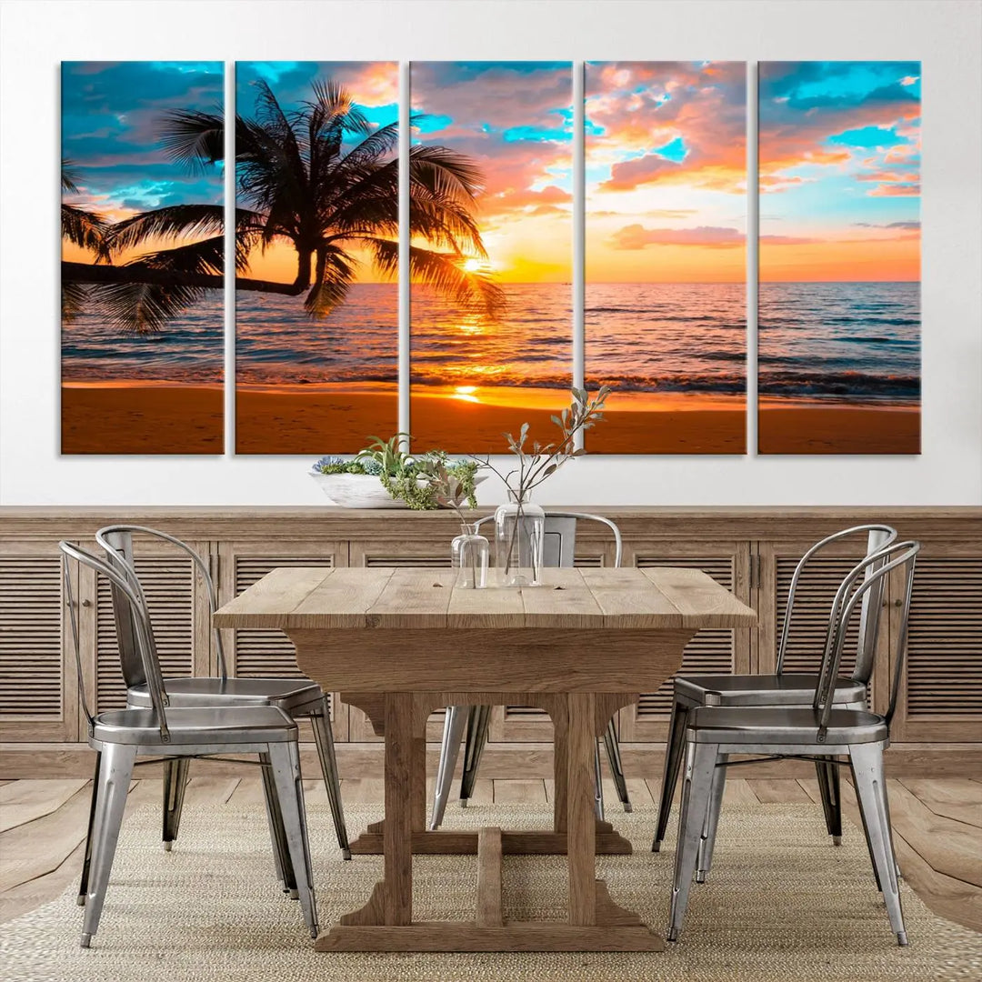 The "Palm Tree Sunset On The Beach Wall Art Canvas Print" elegantly decorates the wall, crafted on museum-quality canvases.